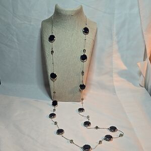 Long Black and Silver Necklace with Beads